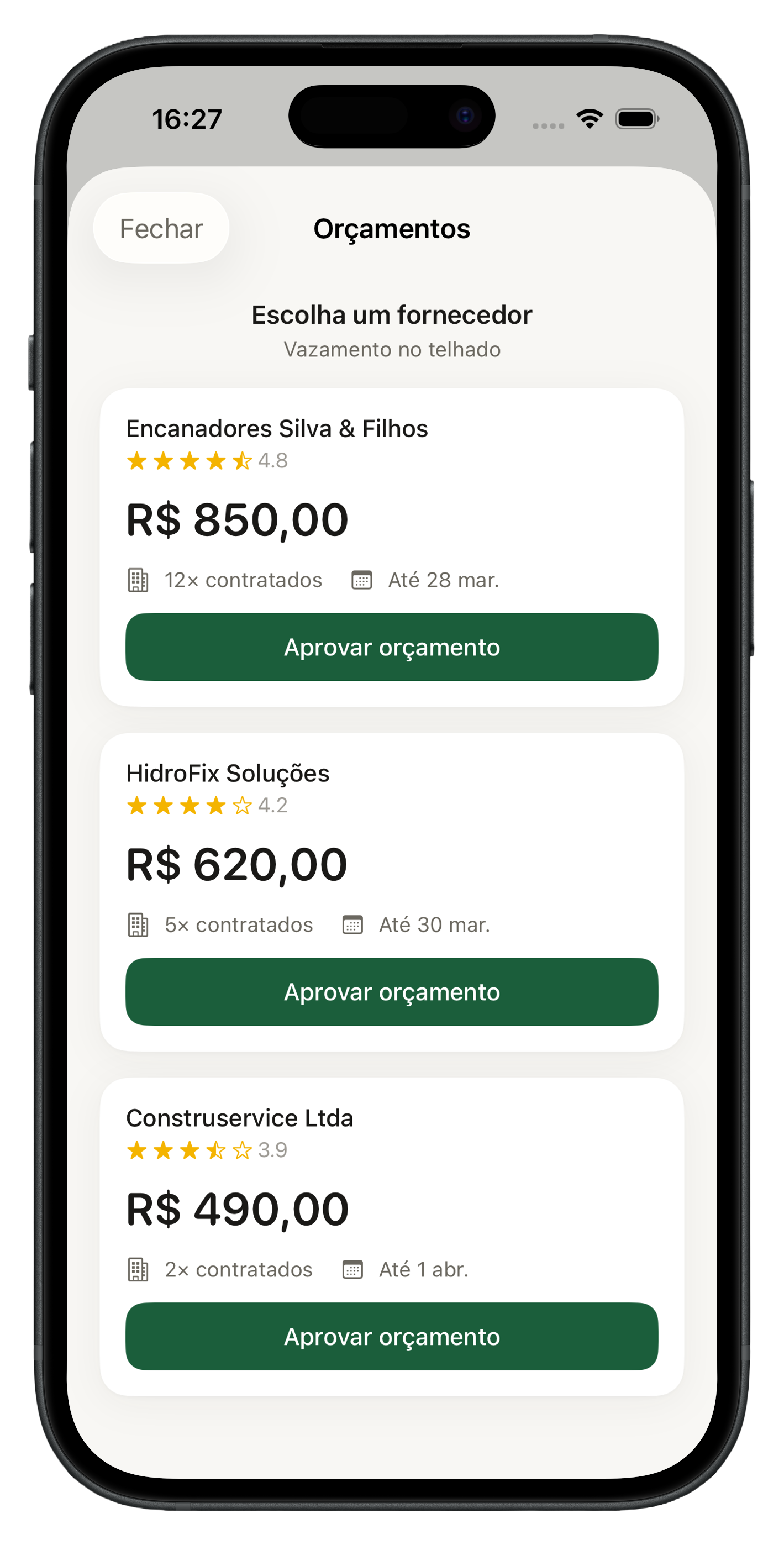 Tela de orçamentos com fornecedores